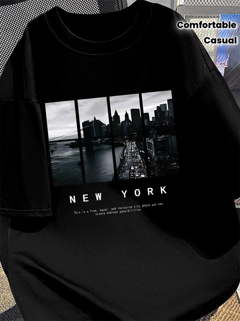 Men Cotton Crew Neck T Shirt Panel Black White New York City Skyline Graphic Print Short Sleeve Black Casual Street Tees