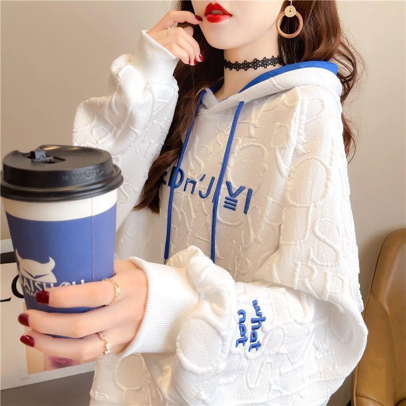 Hooded Sweater Women's Fall Big Size Loose Casual Jacket Letters Embroidery Long-sleeved Tops