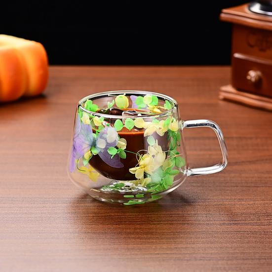 Кружки для кофе с двойными стенками из высокоборосиликатного стекла с красочным лепестковым дизайном