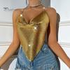 Women Sequin Sling Tops Halter Sleeveless Backless Short Vest with Metal Chain Laces And Swing Collar Sexy Camisole