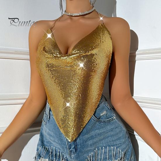 Women Sequin Sling Tops Halter Sleeveless Backless Short Vest with Metal Chain Laces And Swing Collar Sexy Camisole