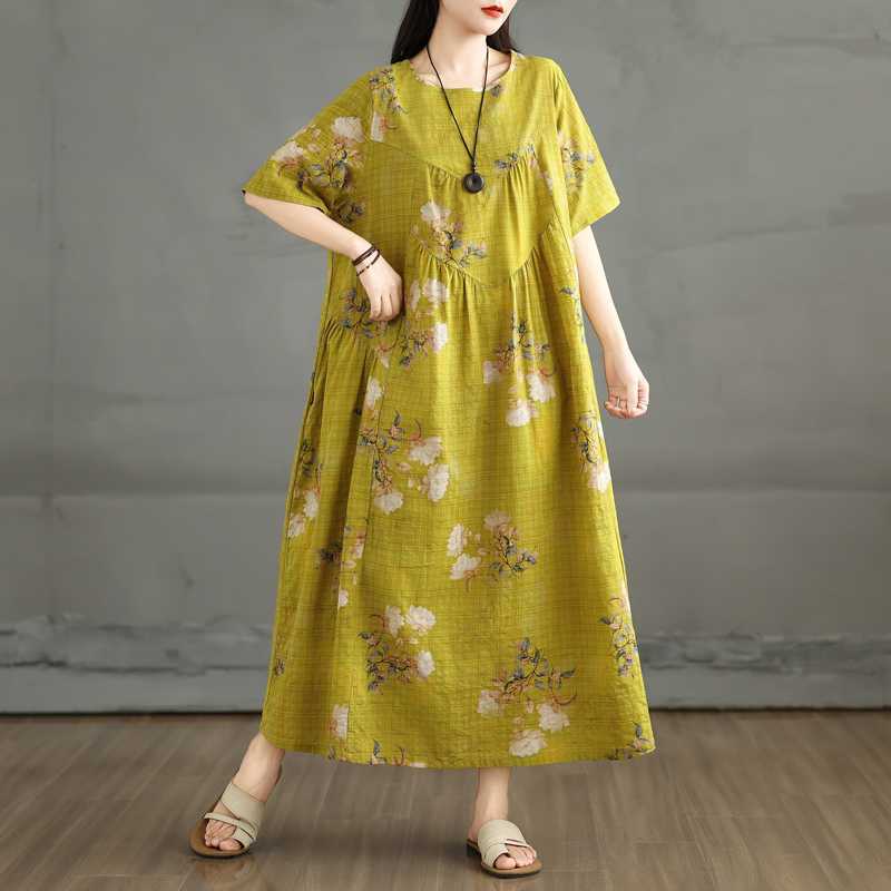 Летнее ретро платье из хлопка и льна с круглым вырезом и короткими рукавами, женская свободная юбка