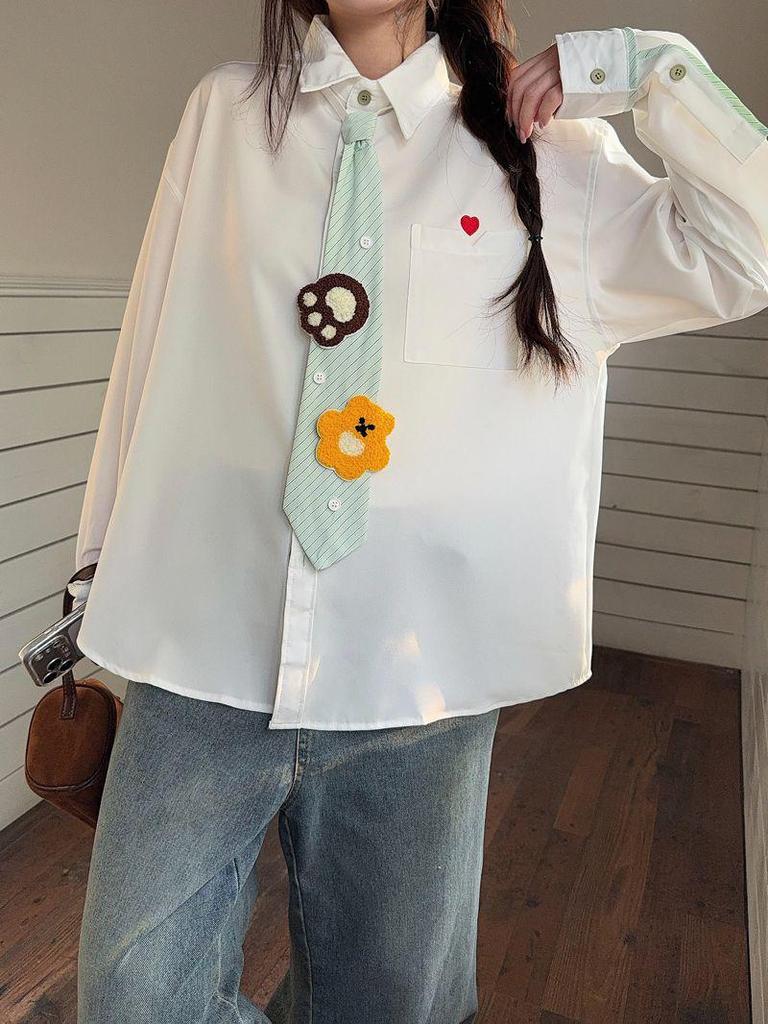 Женская белая рубашка-поло с галстуком - Колледж-стиль, Защита от солнца, Для носки с весны по осень