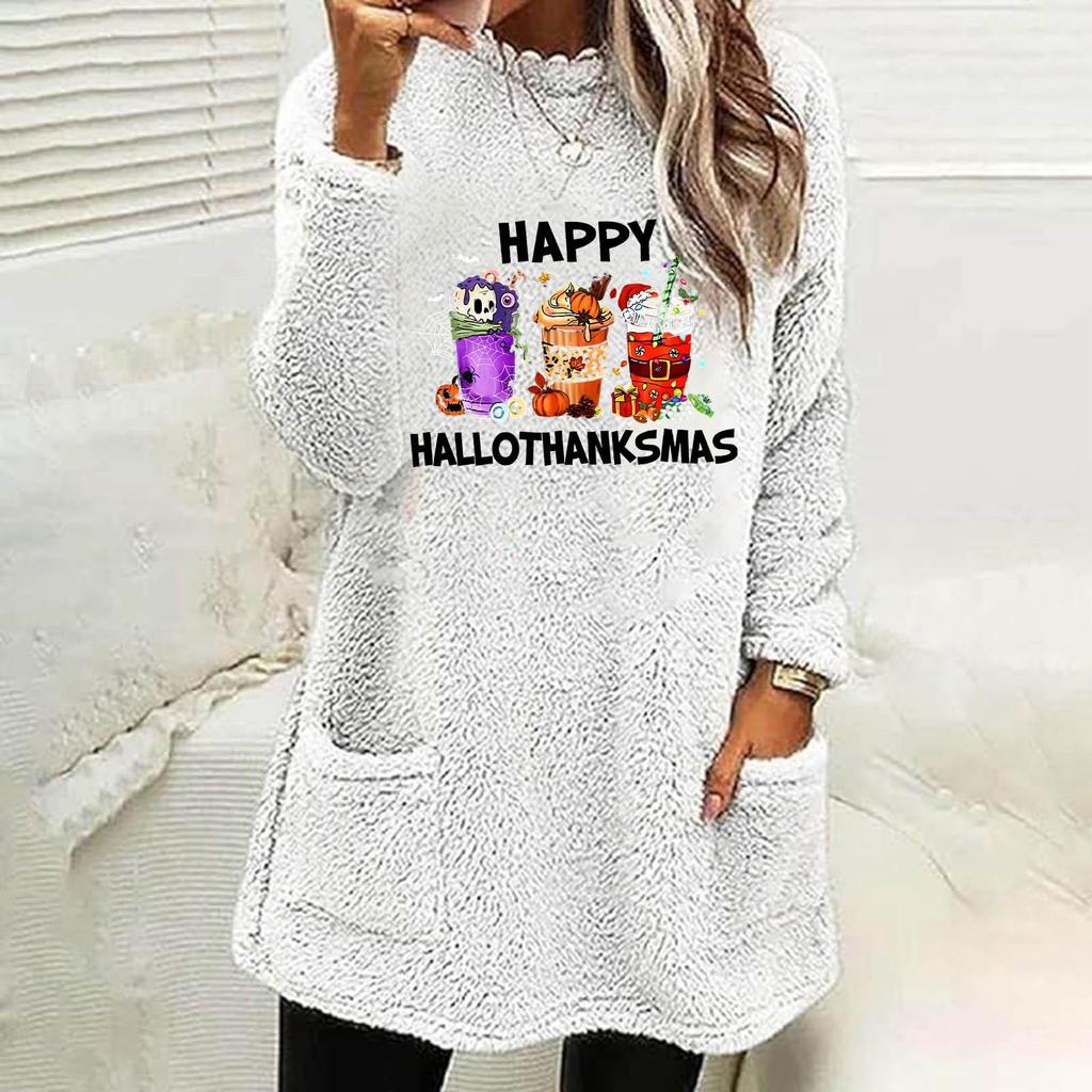 Women's 2024 European & American Christmas Print Casual Loose Long Sleeve Round Neck Pocket Hoodie