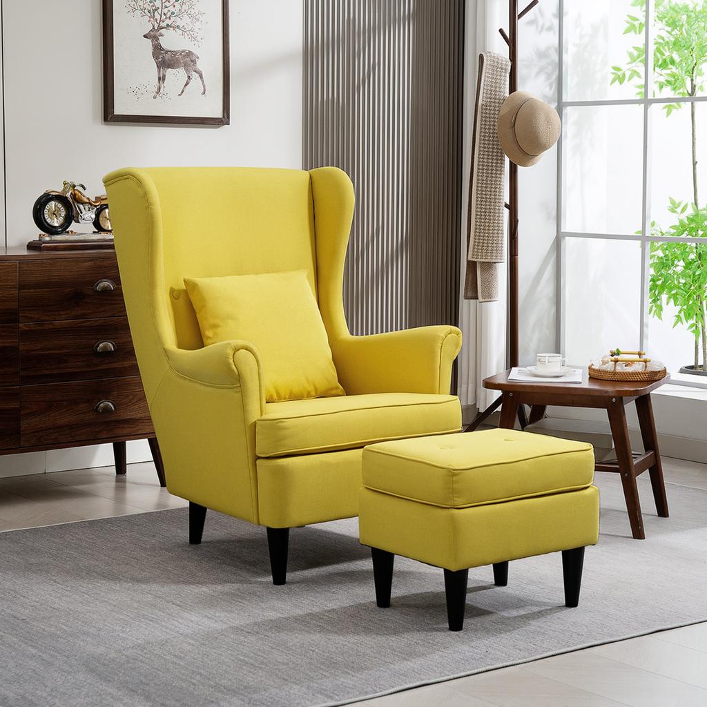 Wingback Chair with Footstool, Upholstered Armchair with Rubberwood Legs, Fabric Cover, Yellow