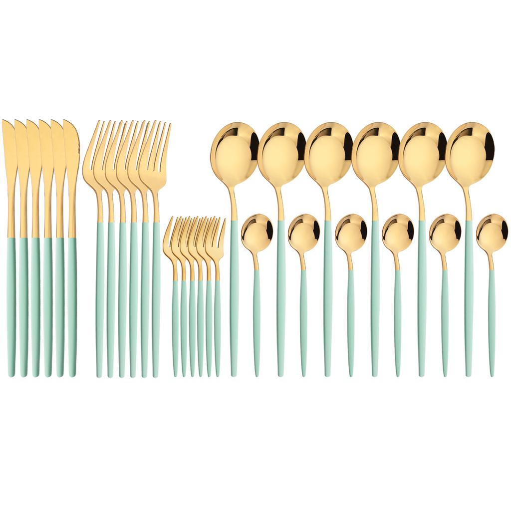 30Pcs Red Gold Dinnerware Set Western Stainless Steel Cutlery Knife Cake Forks Tea Spoon Flatware Silverware Kitchen Tableware