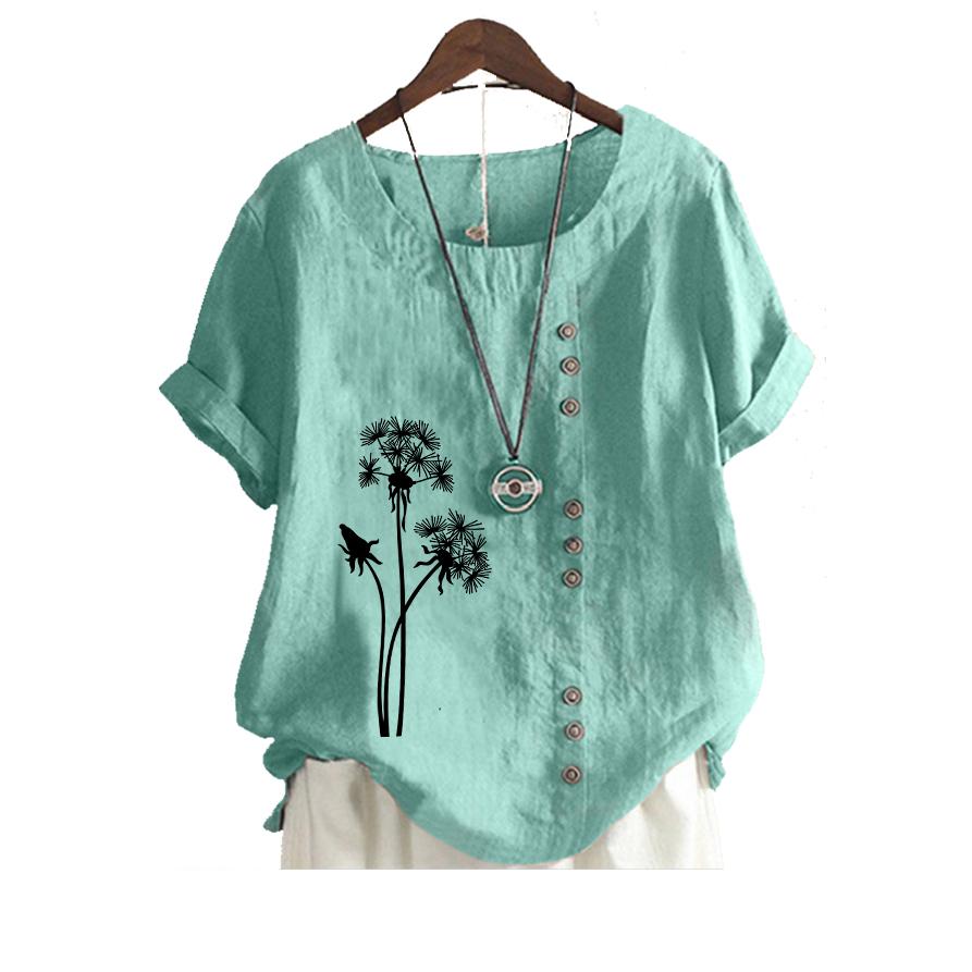 Women Fashion Cotton Linen Blouse Summer&fall Round Neck Short Sleeved Top Laides Casua Floral Print Loose T-shirt