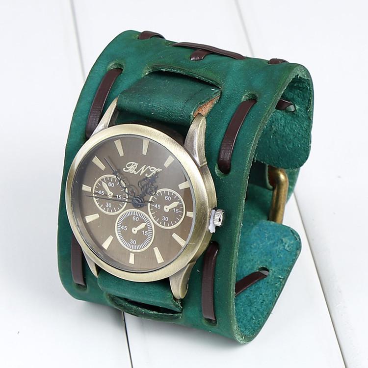 Мужские ретро кварцевые часы с широким ремешком из натуральной кожи