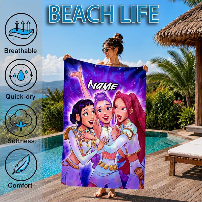 Custom Name KPop Cartoon Beach Towel Microfiber Beach Towel, Lightweight and Quick-Dry, for Summer Travel, Swimming Pool Gift