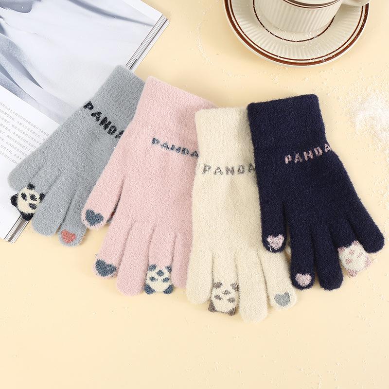 Winter Plush Gloves Women Cute Cartoon Panda Touchscreen Warm Knit Gloves for Outdoor Cycling Thickened White