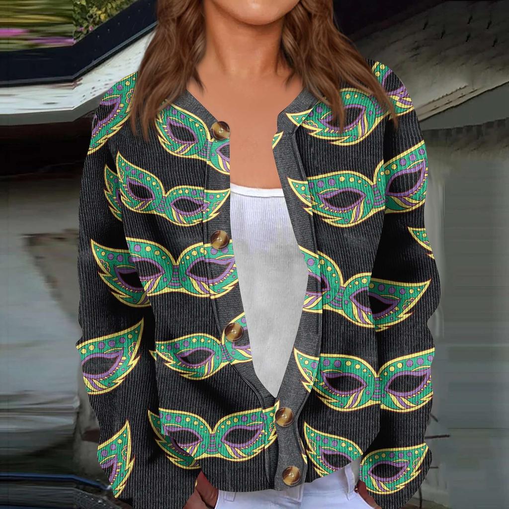 Женский кардиган с длинным рукавом и принтом «Карнавал» на пуговицах