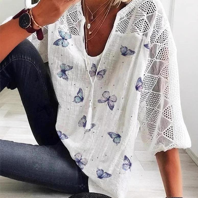 Женский летний топ с V-образным вырезом и принтом бабочек 2025 года