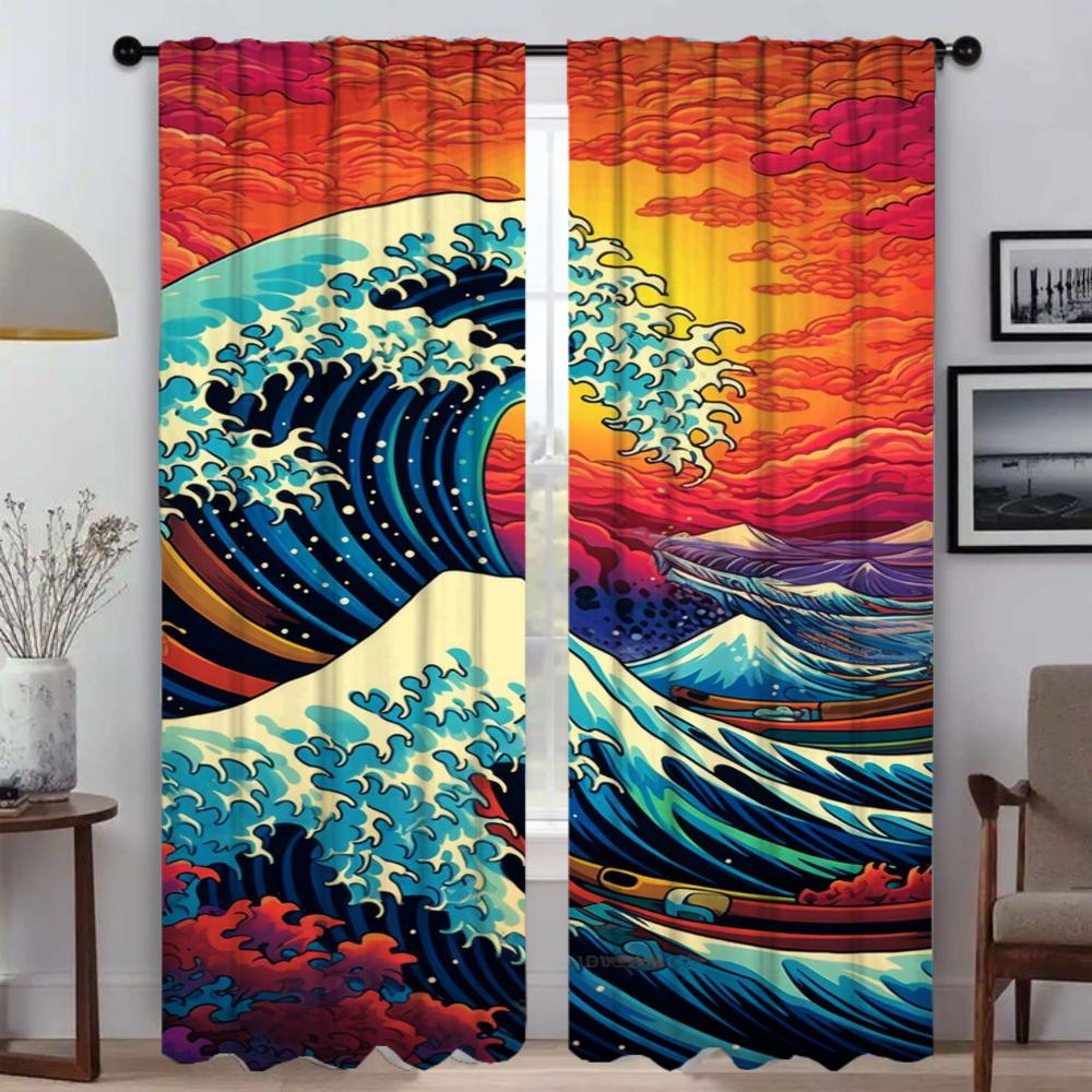 Set Of 2 Wave Halloween Decoration Partition Curtains Living Room Curtain Home Interior Shades Kitchen Blackout For Area Made Polyester