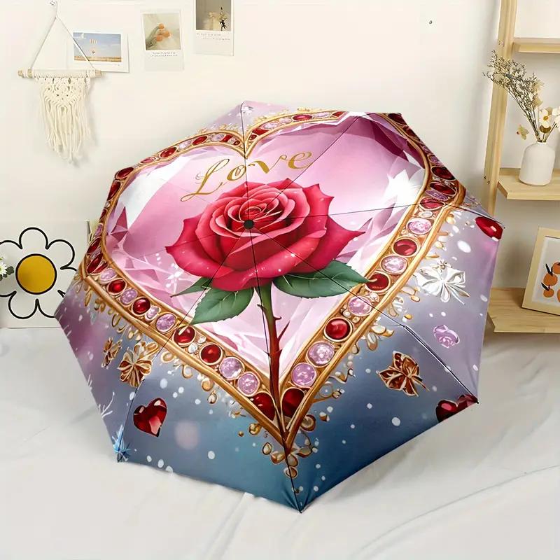 An Automatic Umbrella with a Heart-Shaped Diamond Rose Pattern, Foldable, Featuring 8 Ribs, an Iron Frame, a Plastic Handle, A