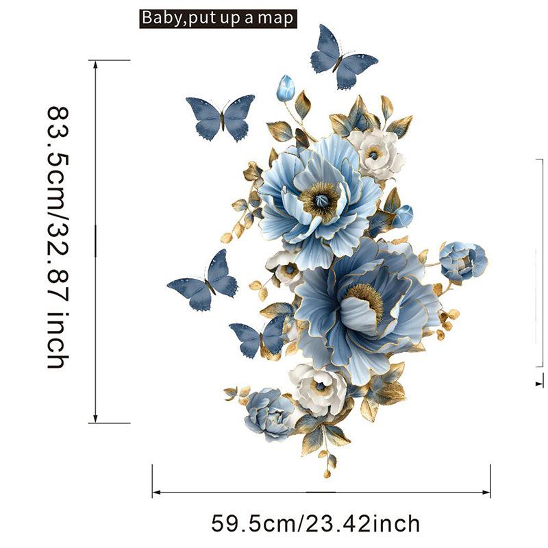 Blue Flower Butterfly Wall Sticker for Home Decor, Self-Adhesive Removable Decal for Living Room Bedroom Entrance