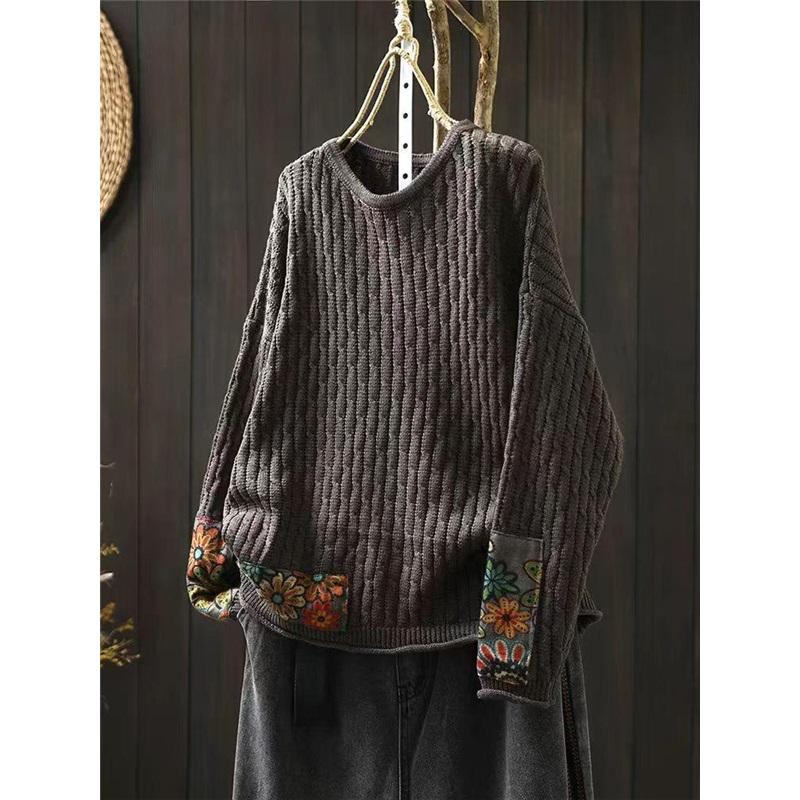Женский винтажный свободный свитер с круглым вырезом и заплатками, повседневный свитер с длинными рукавами в китайском стиле
