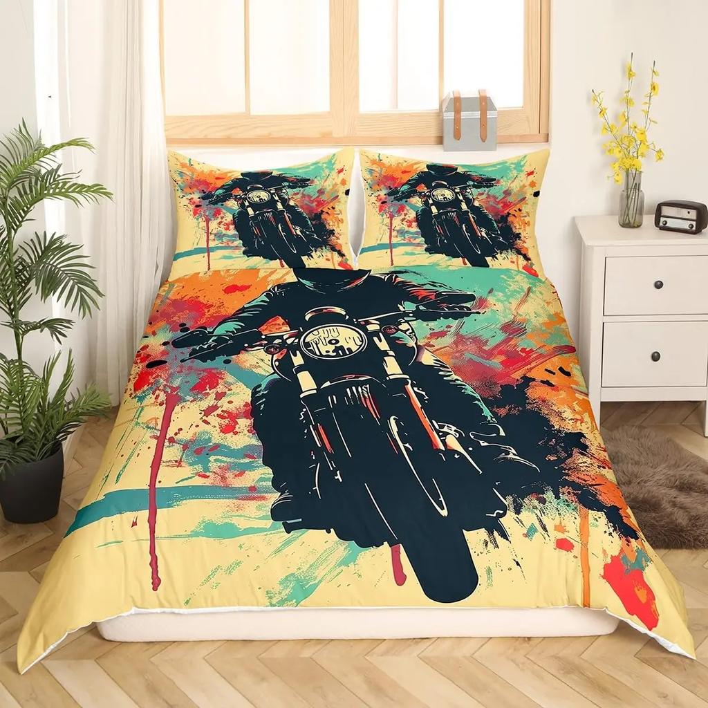 3pcs Cool Motorbike Bedding Set Dirt Bike Duvet Cover Twin Motocross Rider Comforter Cover Extreme Sports For Boys Adults