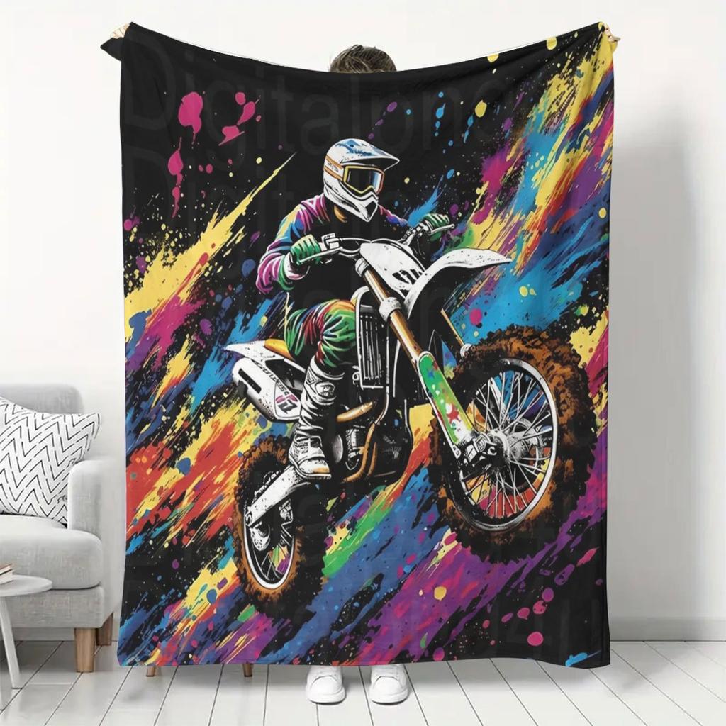Motorcycle Themed Print Flannel Fleece Blanket, Soft Warm Throw for Sofa, Home Leisure, Air Conditioning, Nap, Office Bed, Camping Travel, Reversible,