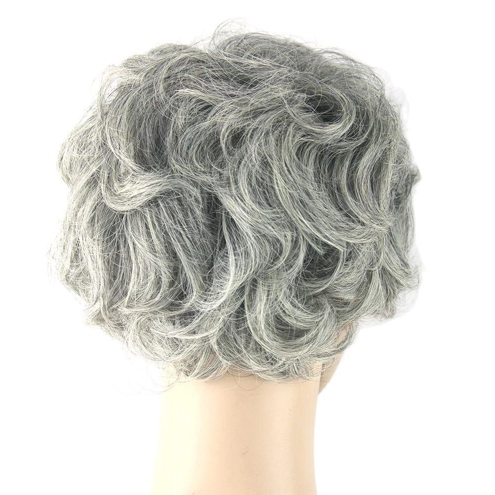 Седые волосы, короткие женские парики, черные смешанные белые синтетические волосы, термостойкие волосы, вьющиеся серые парики