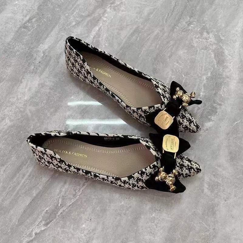 Одиночные туфли женские весна-лето 2025 года новые универсальные заостренные туфли на плоской подошве с рисунком в виде тысяч птиц, бант из сетки, неглубокий рот, темперамент, мягкая подошва