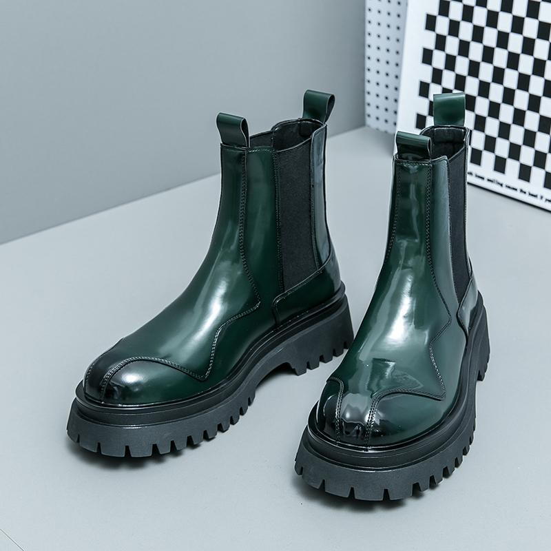 Модные деловые лакированные кожаные ботинки, ботильоны до середины голени с толстой подошвой, уличные кожаные ботинки, мужские короткие круглые ботинки