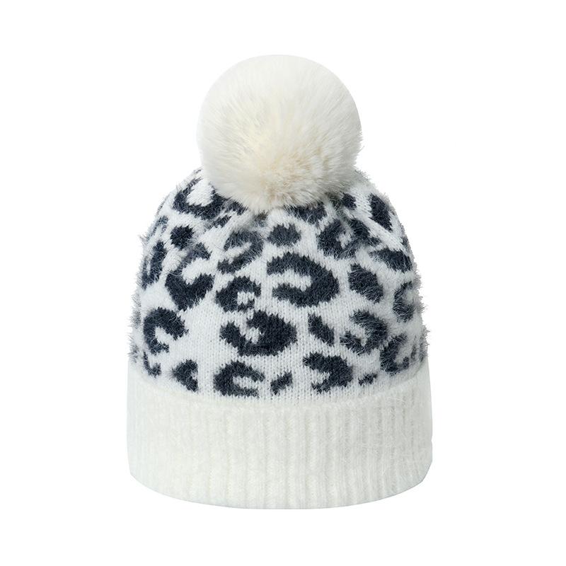 2025 осень и зима новая шерстяная шапка корейская версия универсальная теплая норковая шапка-пуловер помпон леопардовый принт вязаная шапка женская