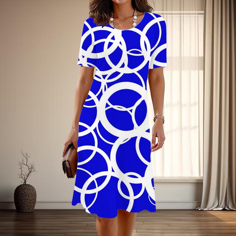 Women's Fashion Graceful Simple Print Summer Spring Short Sleeve O-Neck Casual Dresses