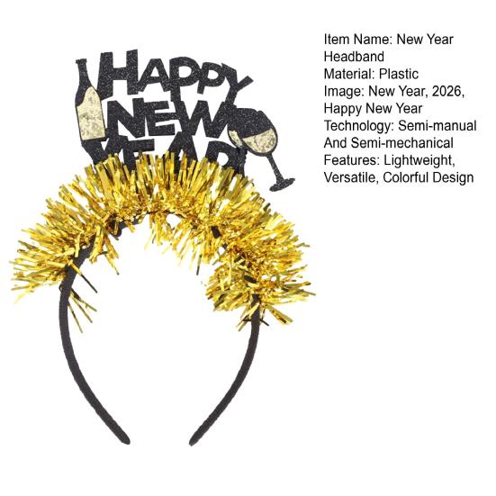 2026 Новогодняя повязка на голову с логотипом в виде цифр, черно-золотой дизайн с пайетками, украшенная лентами, обруч для волос, реквизит для командного единства