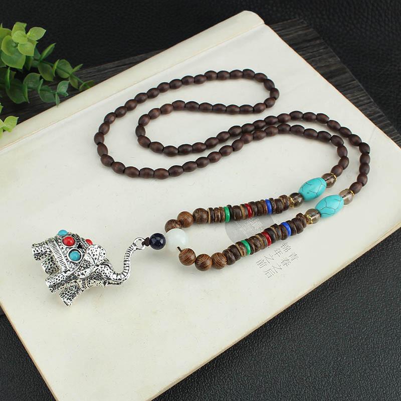 Ethnic Elephant Necklace Versatile Wooden Long Sweater Chain Handmade Vintage Buddha Cotton and Hemp Accessories Pendant