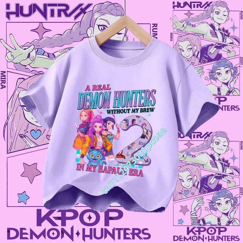Новая детская футболка K Pop Demon Huntersd с принтом мультяшных персонажей и цифрой на день рождения, топы с коротким рукавом для девочек, одежда для детей