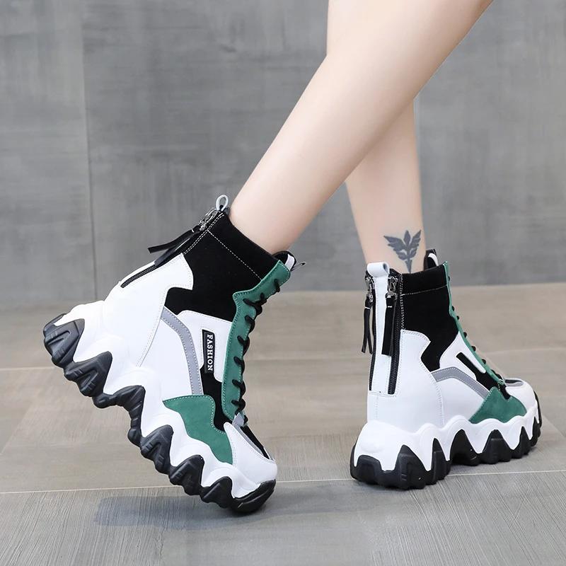 Модные весенние женские ботильоны на толстой подошве, осенние роскошные повседневные ботинки на платформе, женские ботинки на танкетке с каблуком 8 см, женские кроссовки