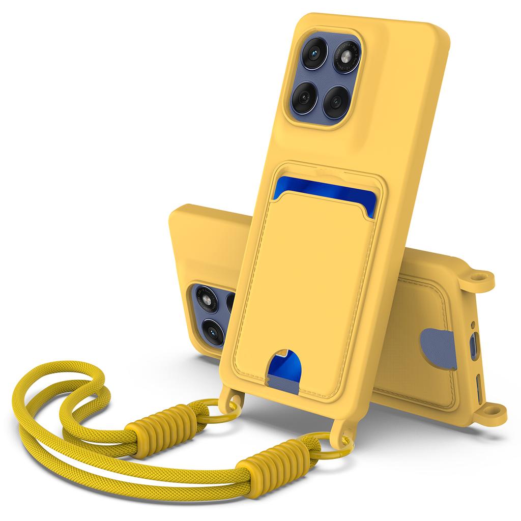 For Motorola Edge 60 Pro 5G Liquid Silicone Case Phone Back Cover with Card Holder and Short Strap