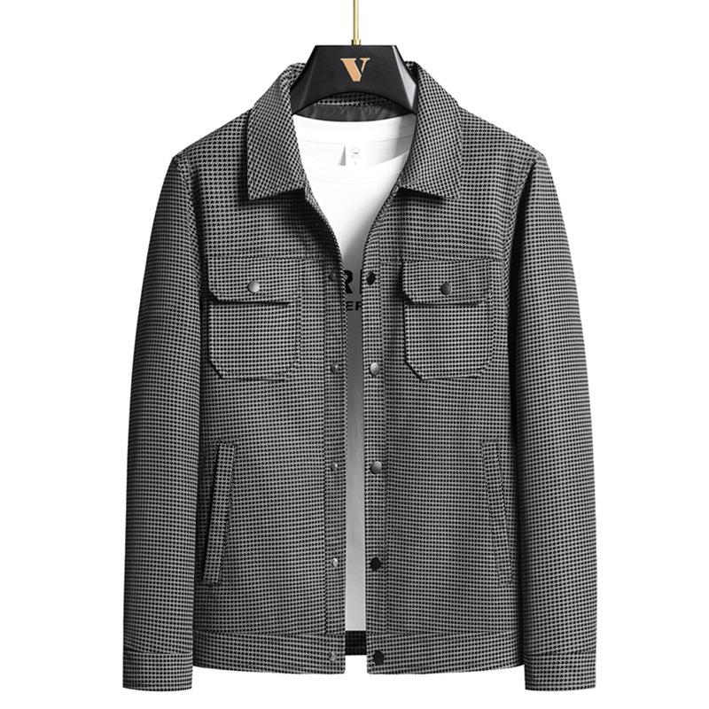 Men's Lapel Fashion Casual Plaid Leather Jacket Simple All-in-one Coat Men Thousand Bird Check Trend Cargo Jacket