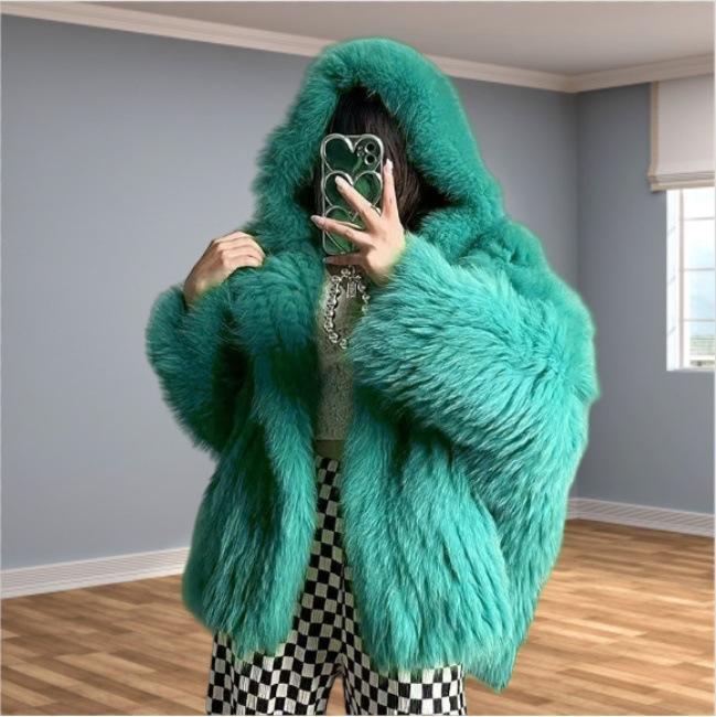 Winter new imitation fox fur woven imitation fur jacket women's bat sleeves big hat lazy wind fur top