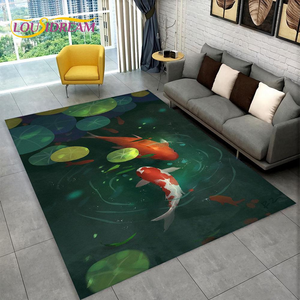 Pastoral Tai Chi carp Fish Area Rug,Carpet Rug for Living Room Bedroom Sofa Doormat Decor,Kid Play Kitchen Non-slip Floor Mat