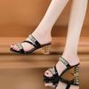Summer New Women's Sandals and Slippers with Medium Heel Thick Heel Women's Slippers with Open Toe High Heel Rhinestones