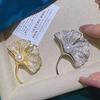 Gold-Plated Ginkgo Leaf Brooch with Zircon & Pearl Corsage Pin