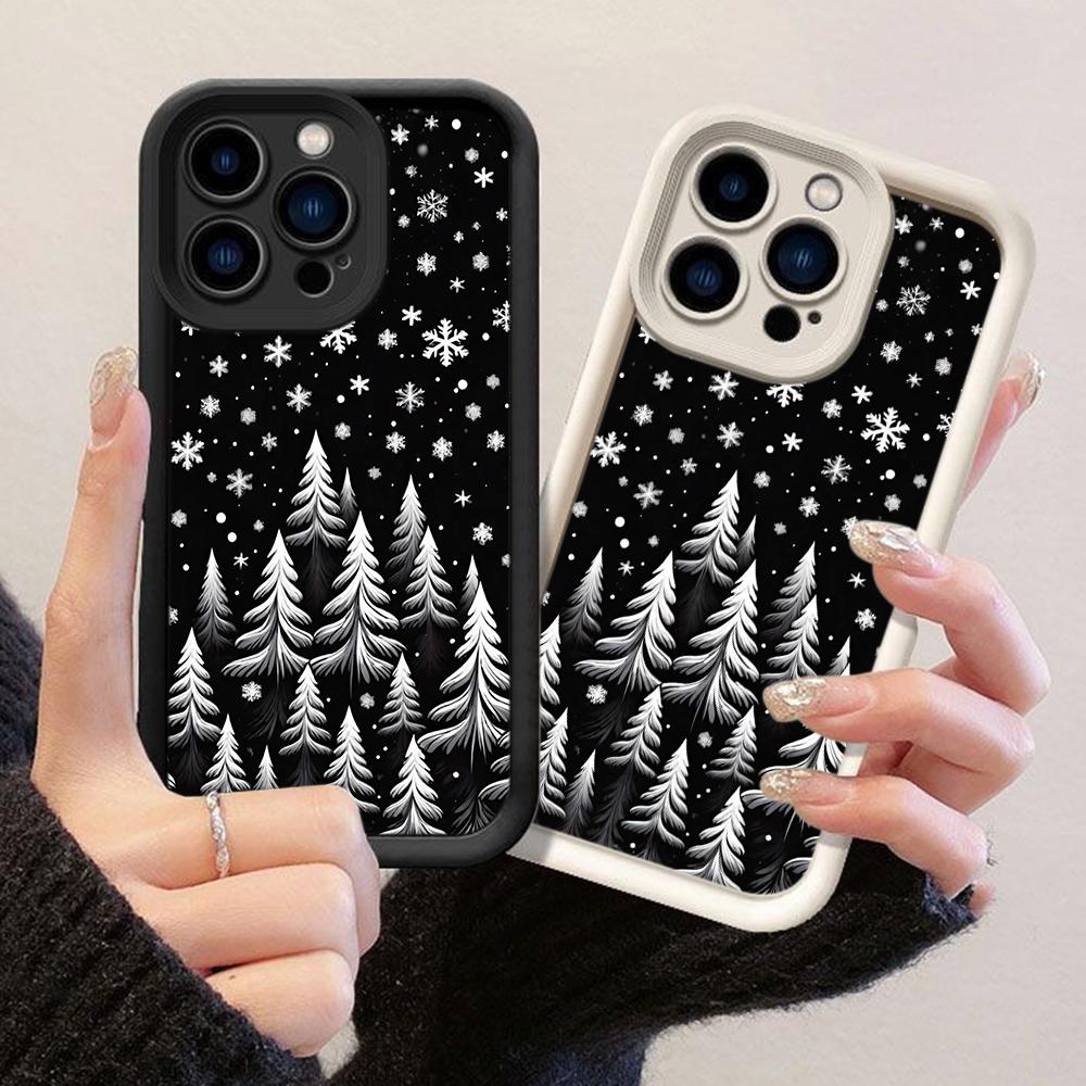 JT94 Черно-белые снежинки Рождественская елка для iPhone 17 16 15 Pro Max Samsung S26 S25 S24 Ultra A17 A16 A07 A56 Xiaomi 15T Redmi 15c Мягкий чехол из ТПУ