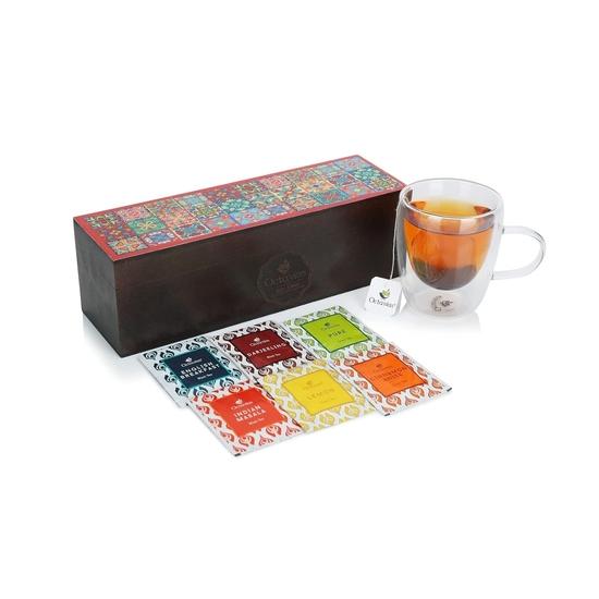 Octavius Assortment of Fine Black & Green Teas- 60 Enveloped Teabags In Tile Motif Wooden Gift Box | Gifts for Men & Women