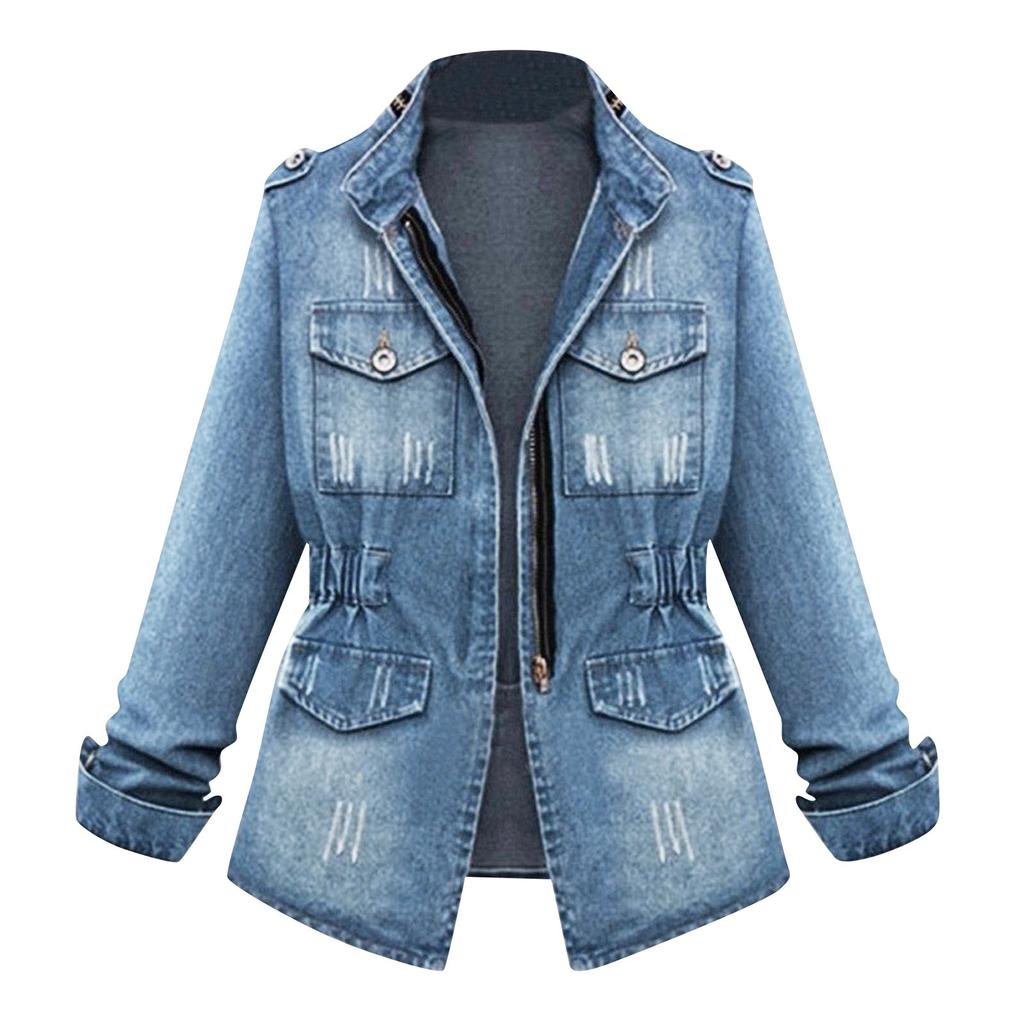 Women's Chain Jacket Pocket Large Size Casual Denim Jacket
