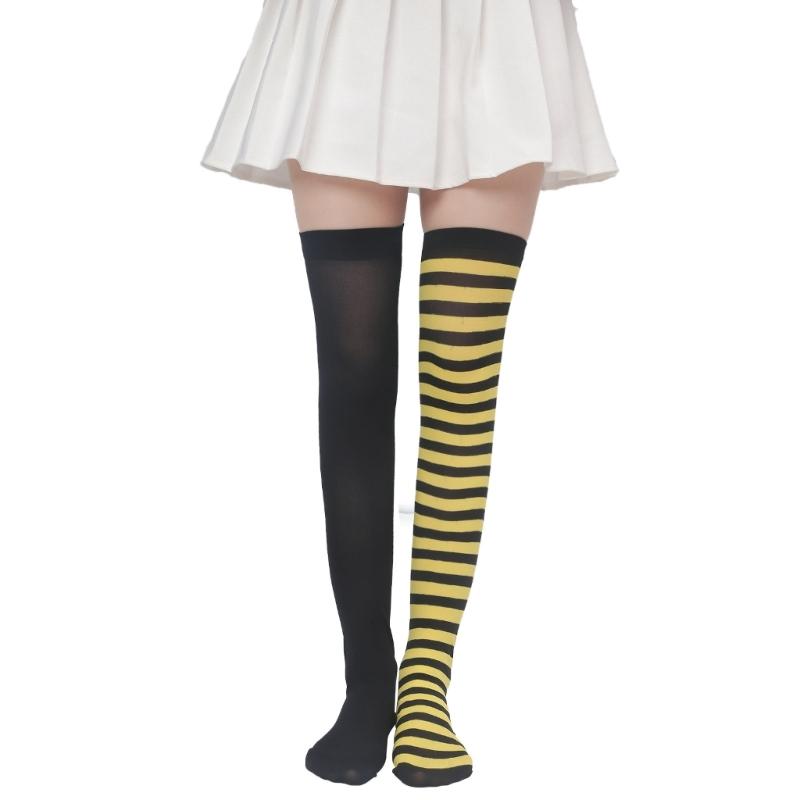 Women Girls Halloween Christmas Over Knee Long Socks Holiday Party Asymmetrical Colorblock Striped Thigh High Stockings