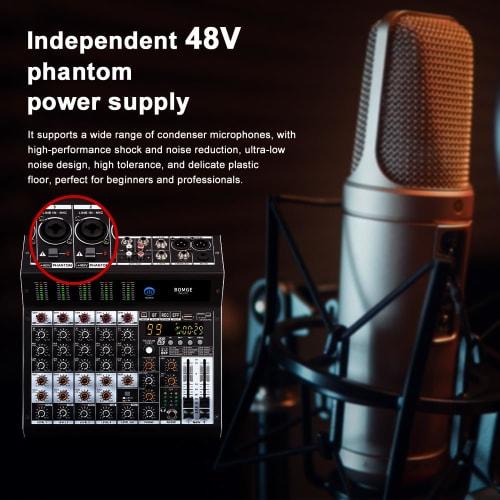 BOMGE Pro Mixer 6-Channel Mixer Console with 99 DSP Effects, +48V Phantom, Bluetooth, USB Interface, 2 AUX, and FX Processor for Studio Recording and