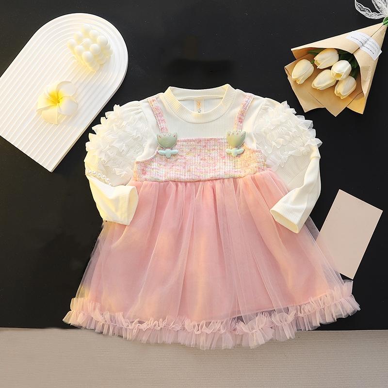 New Girls' Long Sleeved Princess Skirt Sweet Gauze Skirt For Baby Girls Children's Clothing Spring Autumn