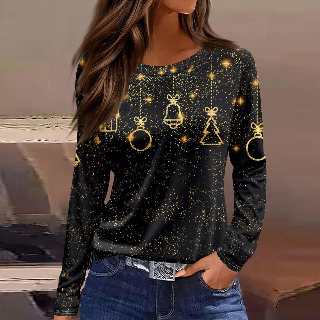 Women's Fashion Casual Slit Hem Round Neck Long Sleeve Loose Printed T-Shirt Ladies Top Christmas