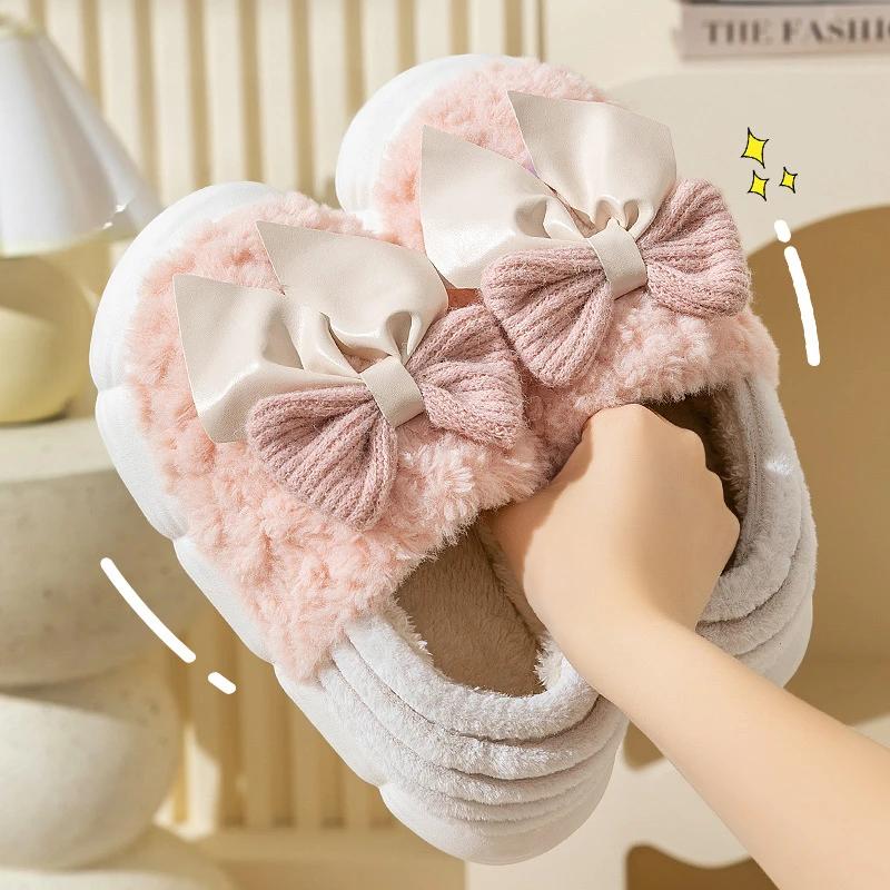 Женские хлопковые тапочки 2024 года, зимние новые домашние теплые плюшевые пушистые удобные нескользящие уличные хлопковые туфли с бабочкой