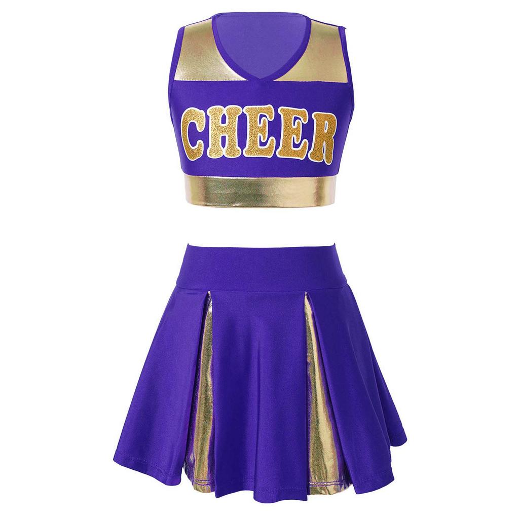 Girls Cheerleading Dance Set Patchwork Crop Top V Neck Letter Print with Elastic Waist Skirt