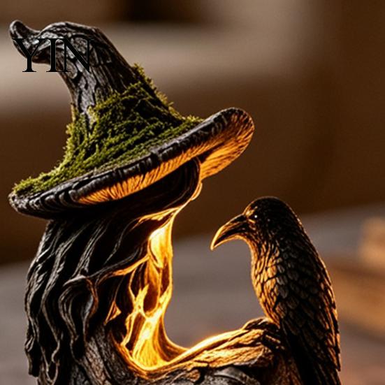 Durable Weather Resistant Ornament Luminous Witch & Raven Figurine with Mossy Tree Texture, Resin Gothic Ancient Crow Statue LED Light for Halloween