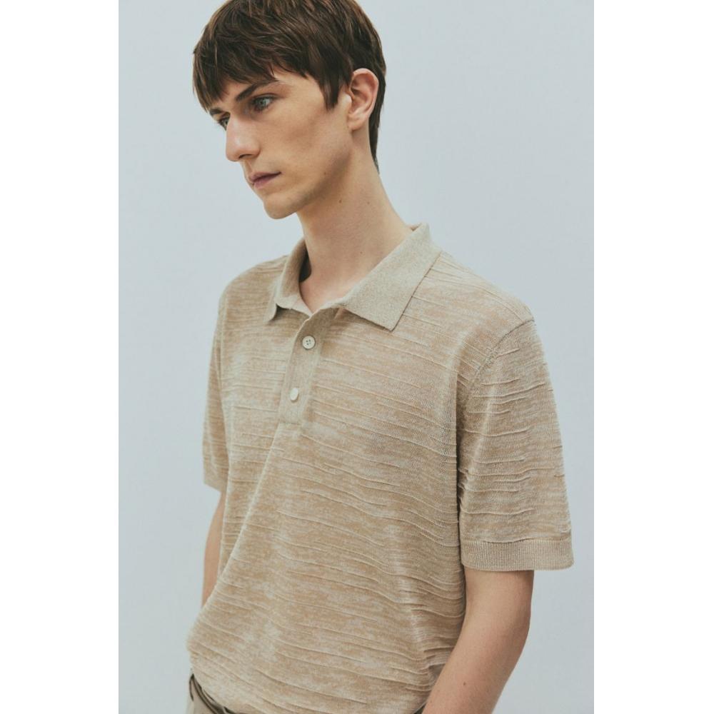 Рубашка-поло HM Fine Knit, стандартный крой, бежевый