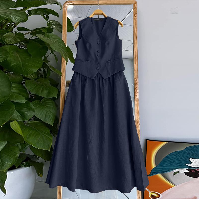 ZANZEA Женские летние комплекты из однотонных маек с V-образным вырезом и юбки А-силуэта