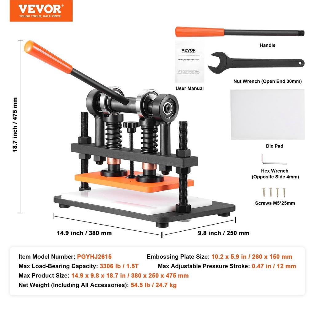 Leather Cutting Machine, 10.2 x 5.9 in Embossing Plate Manual Die Cutter, 0.47 in Pressure Stroke Leather Embossing Machine, Dual Guide Shafts Die Cut